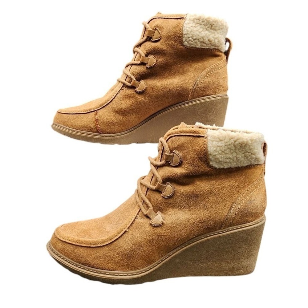 Mad Love Keava Wedge Bootie Tan Womens 8.5 Sherpa Trim Lace‎ Up Moccasin Boho
